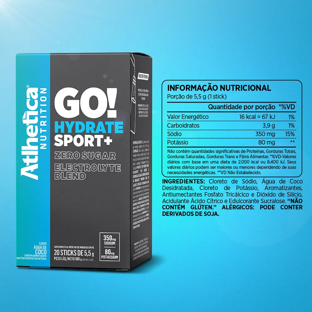 Eletrólitos Go! Hydrate Sport+ Caixa com 20 Sticks de 5,5g - Água de Coco
